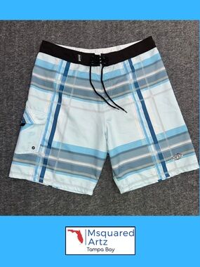 AFTCO Blutwater Board Shorts Mens 34 Blue Plaid Fishing Swim Trunks Polyester